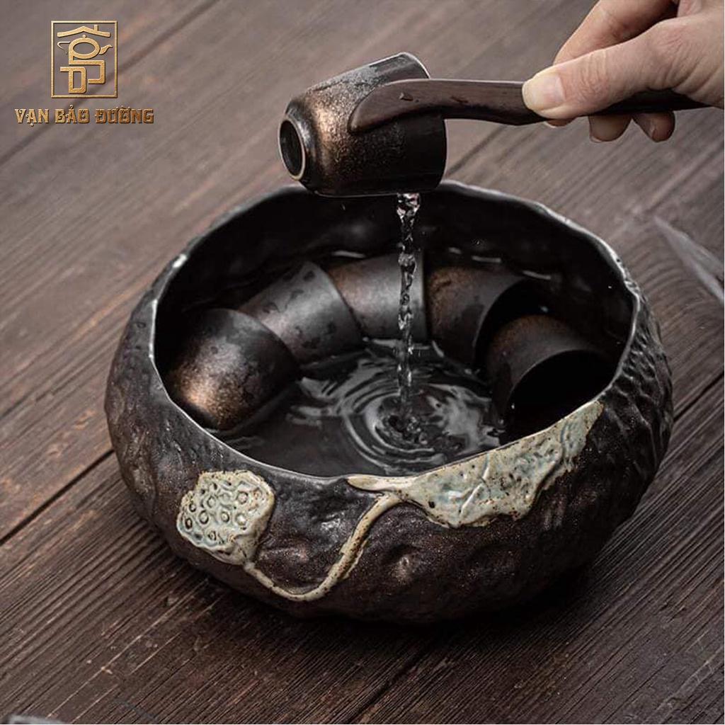Kháo trà, dầm trà gốm khoáng đá đắp nổi hoa sen trang nhã Vạn Bảo Đường - VBD028