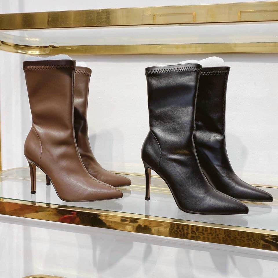 Bốt đùi nữ da lì , Boot n ữ đùi lửng dưới gối gót nhọn 8-9cm 2 màu đen và nâu hàng Fullbox Bigfree CAO CẤP