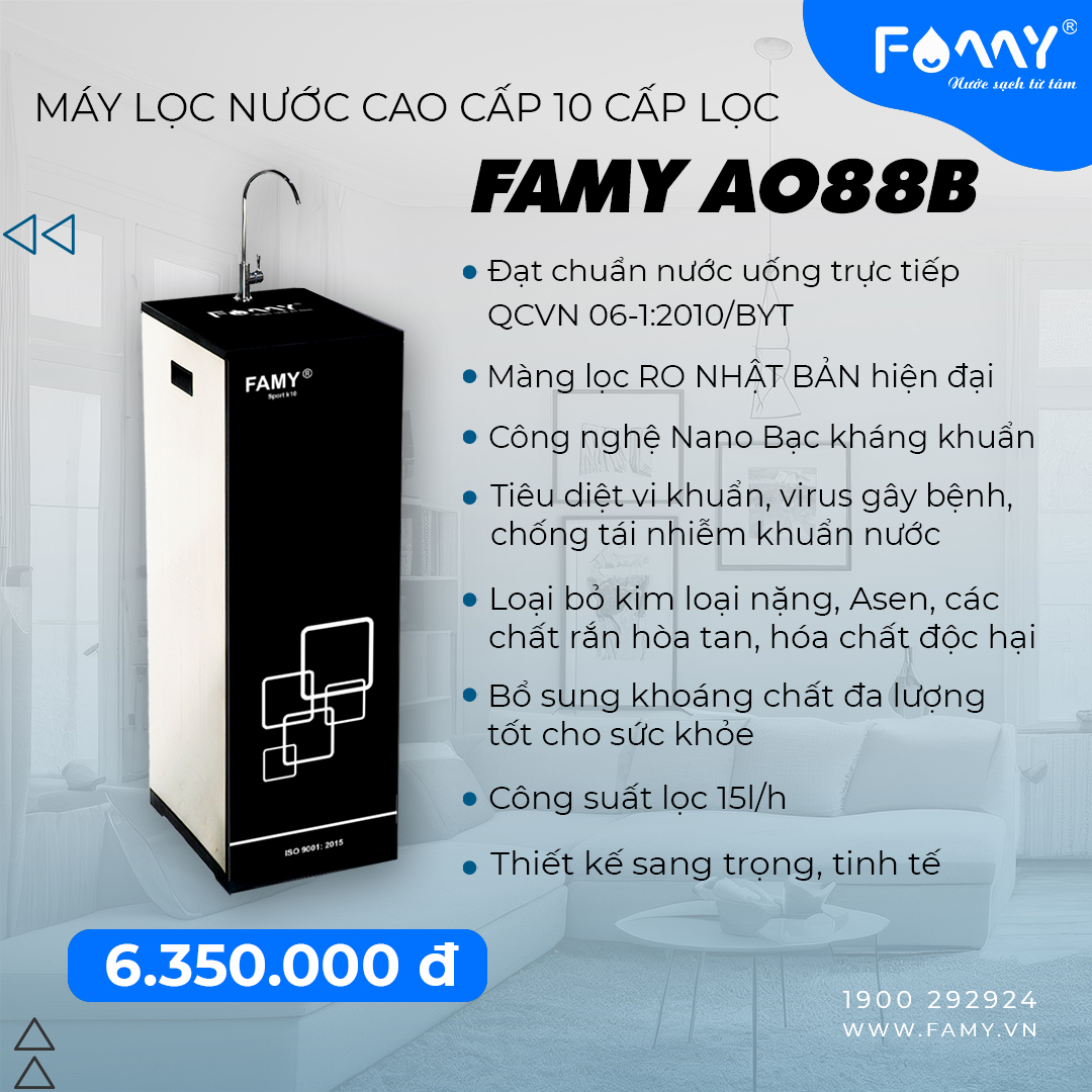 Máy Lọc Nước RO 10 Cấp Lọc Famy Model AO88B - Hàng Chính Hãng Cao Cấp - An Toàn Và Tốt Cho Sức Khoẻ