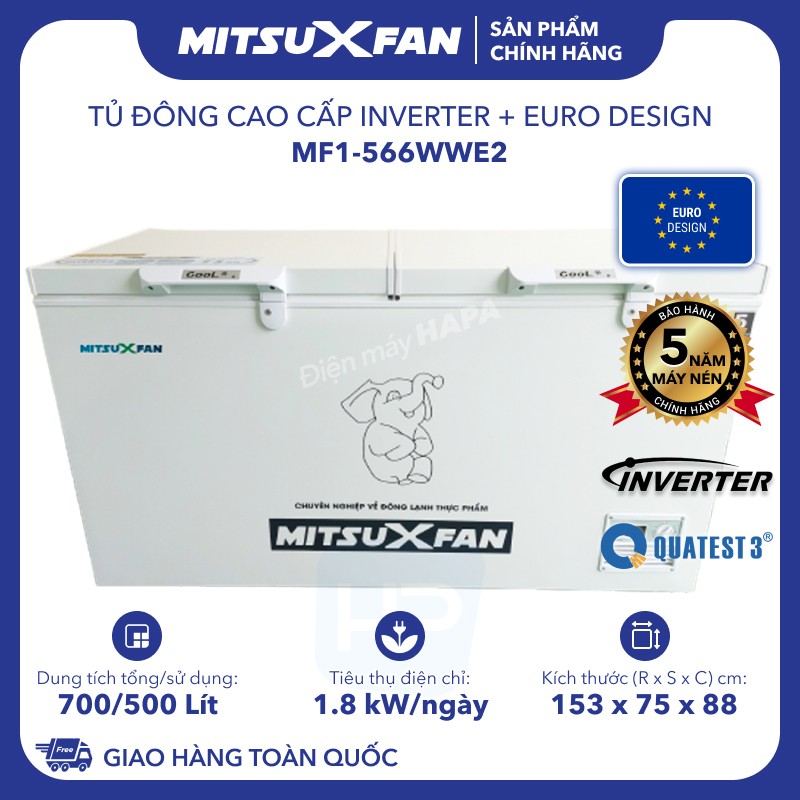 [GIAO TOÀN QUỐC] Tủ Đông Inverter Cao Cấp MITSUXFAN MF1-566WWE2 Euro Design Dung Tích 700/500 Lít Chuẩn Châu Âu, Làm Lạnh Nhanh 6 trong 1, Kháng Khuẩn Phân Tử Bạc, Tiết Kiệm Điện 65% Điện Năng, Tủ Cấp Đông 2 Cánh Cửa MF1566WWE2 - Hàng Chính Hãng