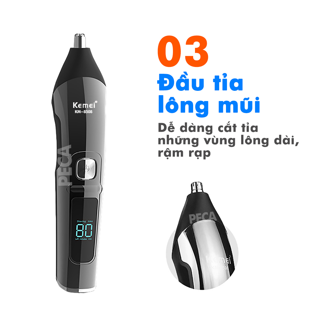 Tông đơ cắt tóc đa năng 11in1 Kemei KM-8508 nhiều đầu thay thế dùng cắt tóc, chấn viền, cạo râu, cạo lông, tỉa lông mũi, cạo chân mày,...có màn hình LED hiển thị điều chỉnh 2 mức tốc độ sạc nhanh 2h