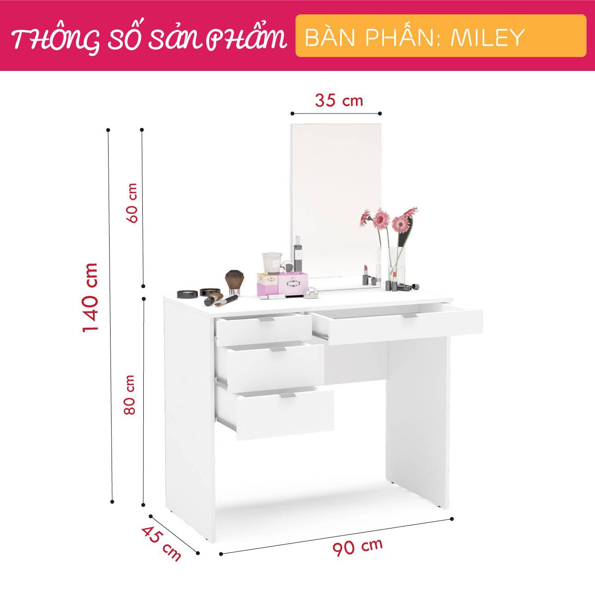 Bàn trang điểm gỗ hiện đại SMLIFE Miley | Gỗ MDF dày 17mm chống ẩm | D90xR45xC140cm