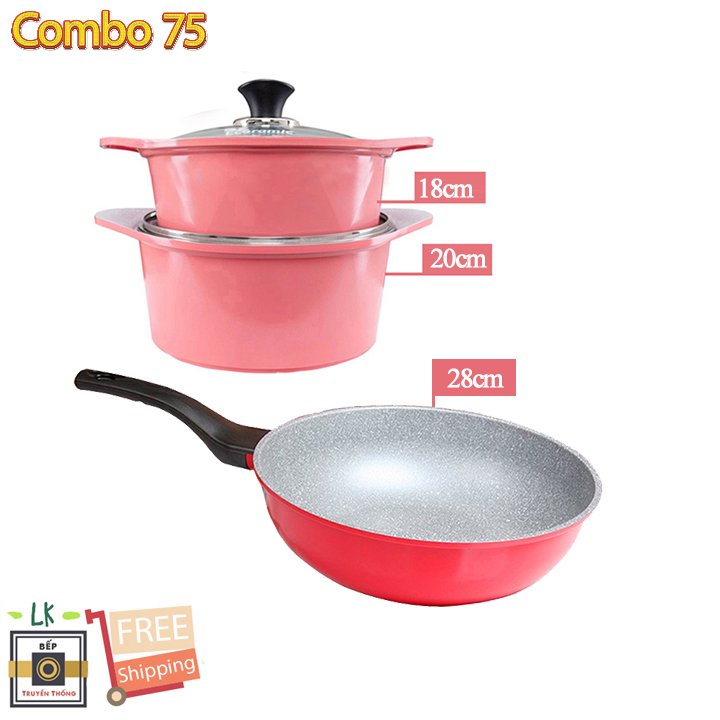 Combo 3 món cao cấp, bộ 2 nồi đúc ceramic 2 tay cầm màu hồng (size 18-20cm) và Chảo đúc chống dính vân đá sâu lòng size 28cm màu đỏ - Hàng chính hãng