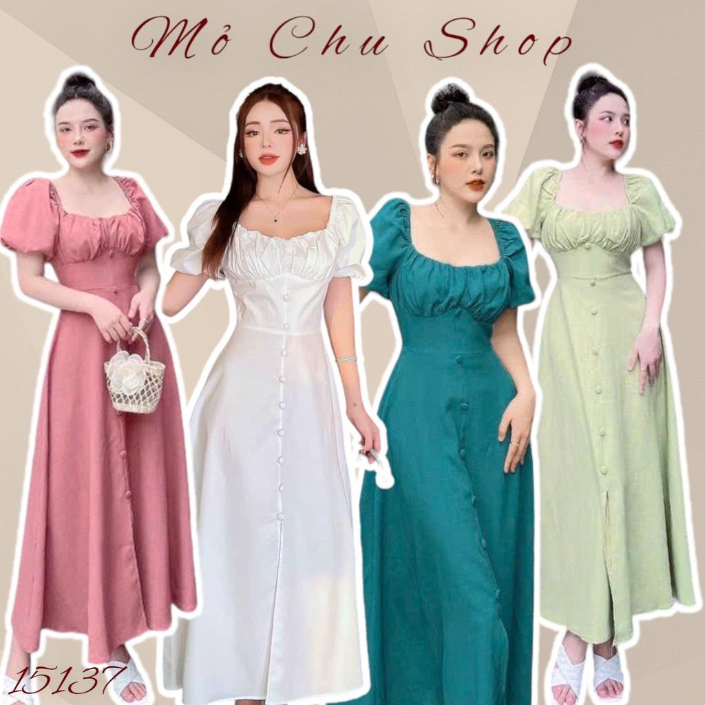 Đầm maxi nhíu ngực tay bồng nút bọc