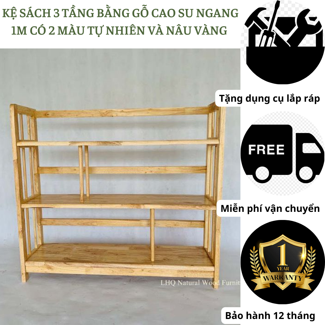 Kệ sách gỗ 3 tầng ngang 1M - Kệ sách gỗ cao su - Có 2 màu cho bạn lựa chọn - Kệ sách lắp ráp