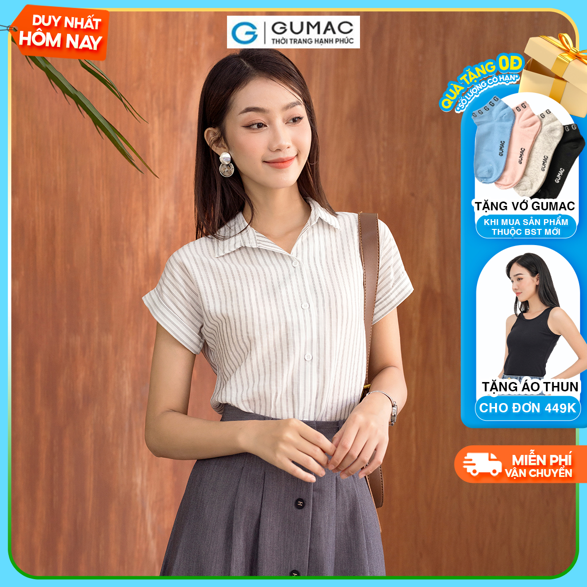 Áo sơ mi nữ tay liền vải xô mềm mát thời trang GUMAC AD06064
