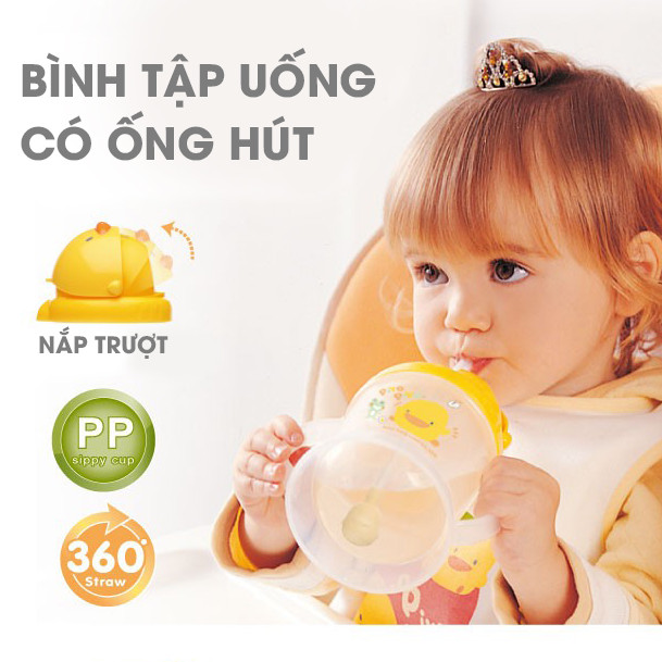 Bình tập uống nắp trượt Piyo Piyo hai tay cầm ống hút 360 độ 250ml - PY830507