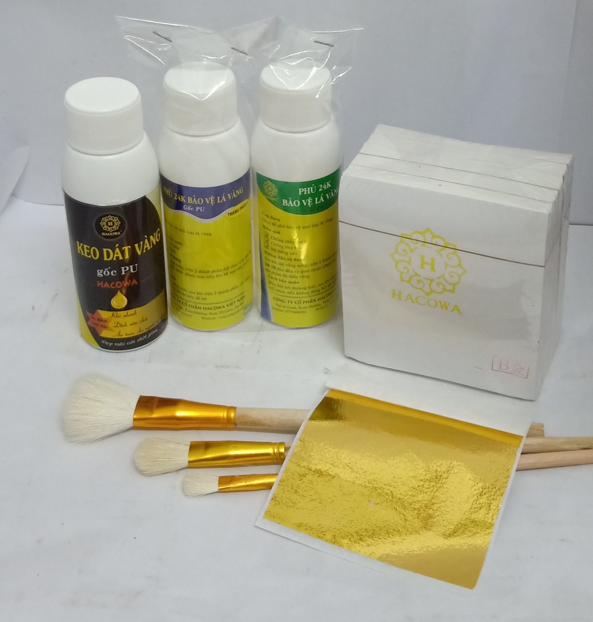 Combo 500 lá dát vàng kèm keo phủ bút chổi siêu tiện lợi chuyên dát đồ kim loại, gỗ, nhựa như tượng phật, đồ thờ, phào chỉ nhựa