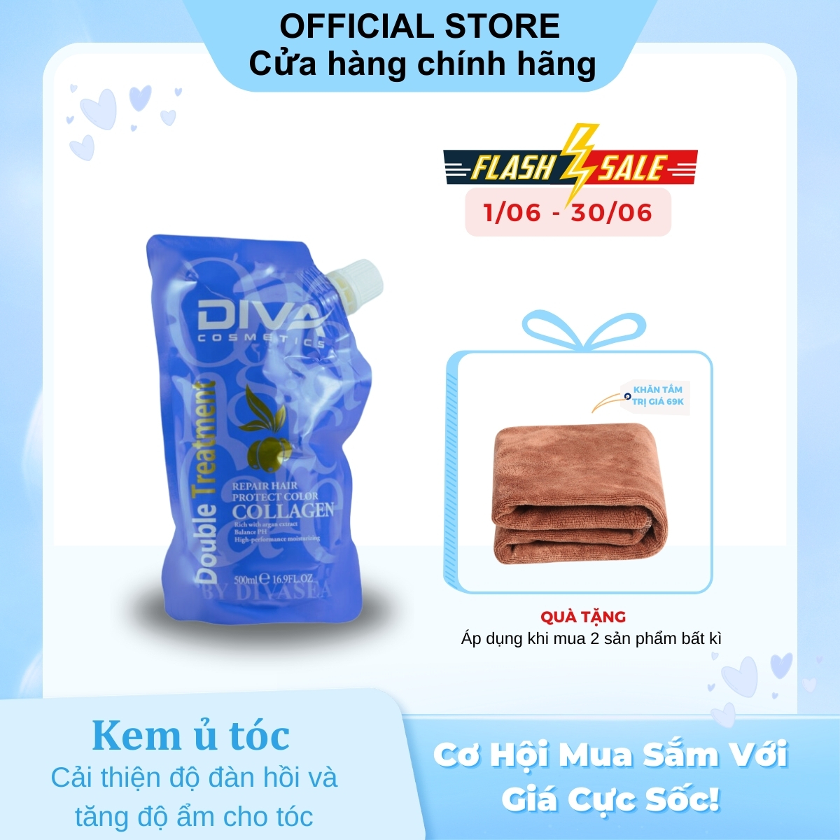Kem ủ tóc siêu mượt Collagen DIVA Cosmetics Double Treatment 500ml