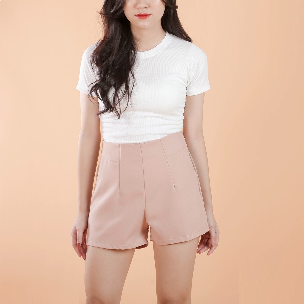 Quần sooc đùi vải cạp cao khóa chìm cho nữ