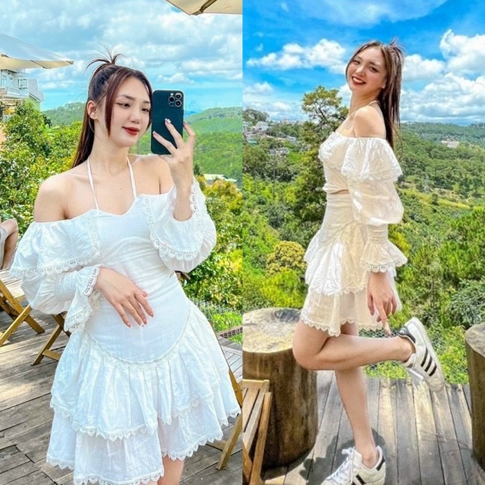 ĐẦM SET CHÂN VÁY NGẮN XÒE XẾP LY TẦNG + ÁO CROPTOP DÂY CỔ YẾM TRỄ VAI TAY DÀI BỒNG REN TRẮNG ÔM EO BODY SUÔNG TRƠN DẠO PHỐ DỰ TIỆC ĐI BIỂN