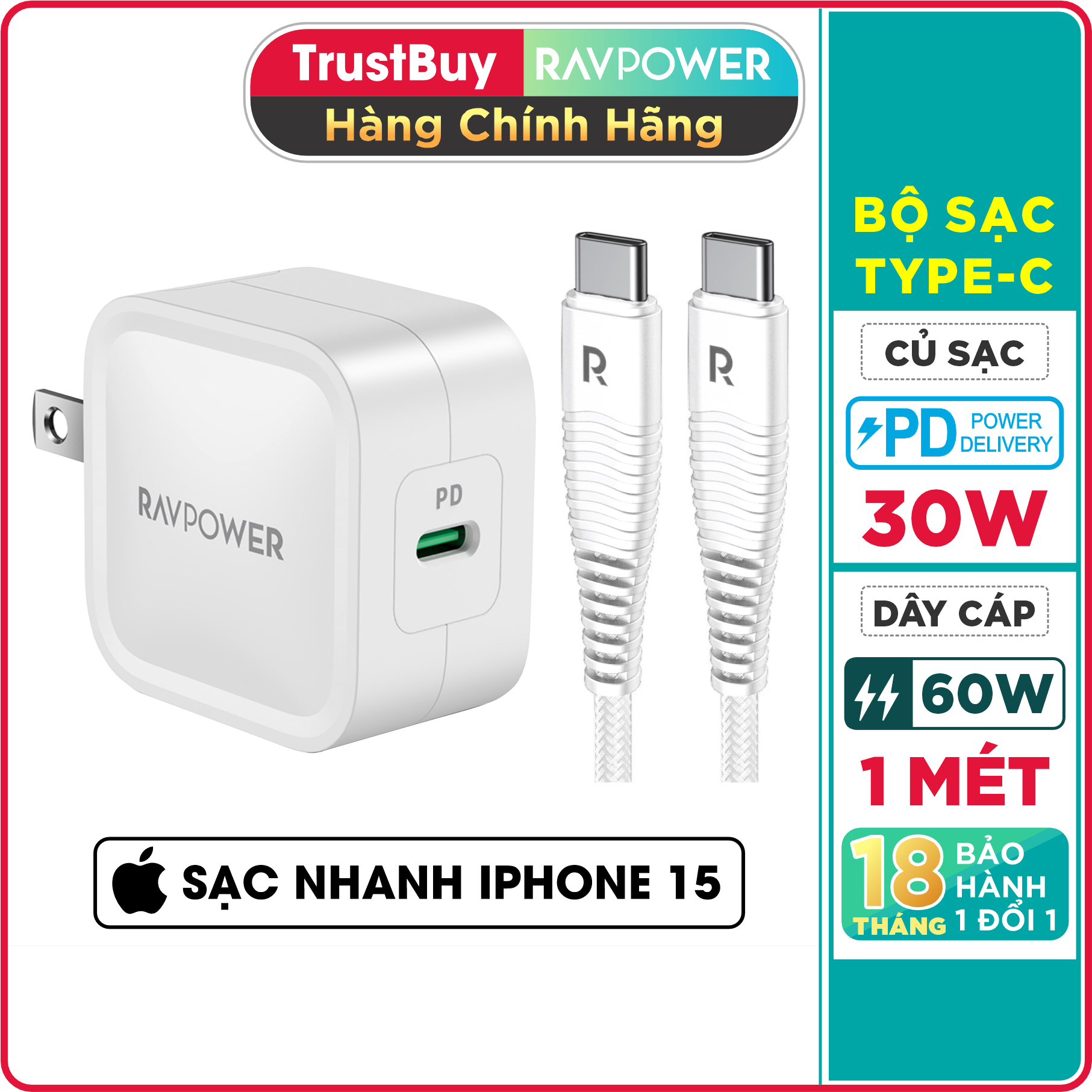 Bộ Củ Sạc Nhanh Type C 30W Cho iPhone 15, iPad Pro, SamSung RAVPower RP-PC120 + Cáp C to C RP-CB047 - Hàng Chính Hãng