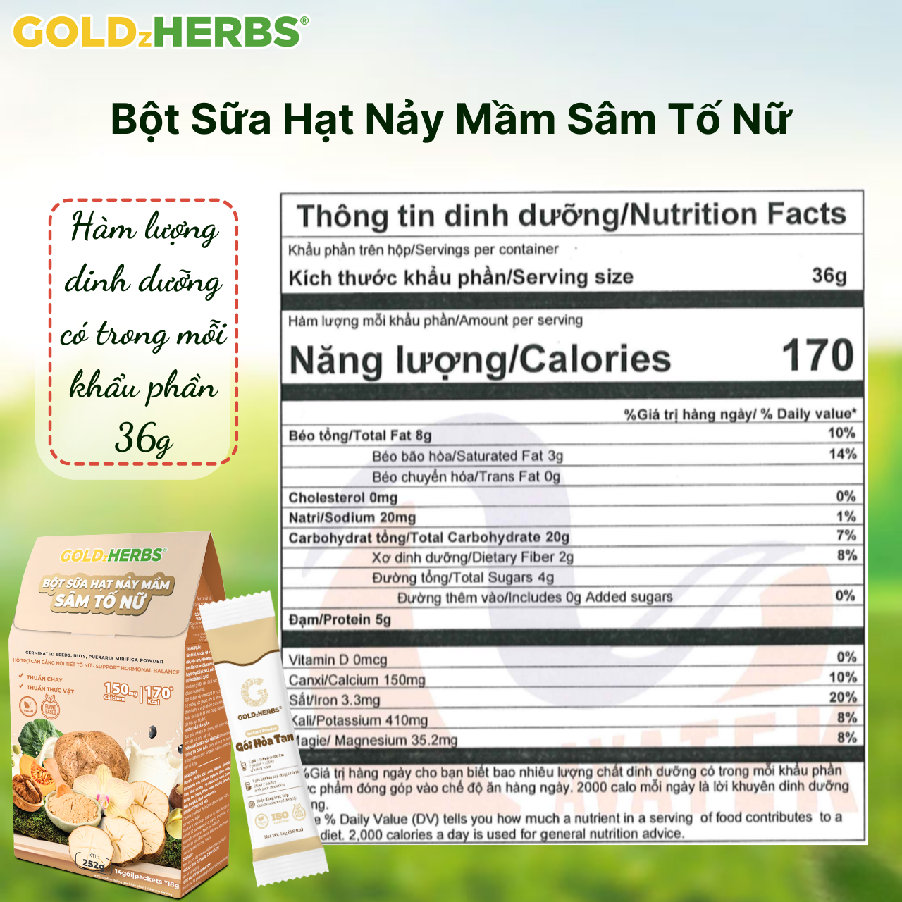 Hàng chính hãng - Bột sữa hạt nảy mầm sâm tố nữ GoldzHerbs - 14 gói/ 500g