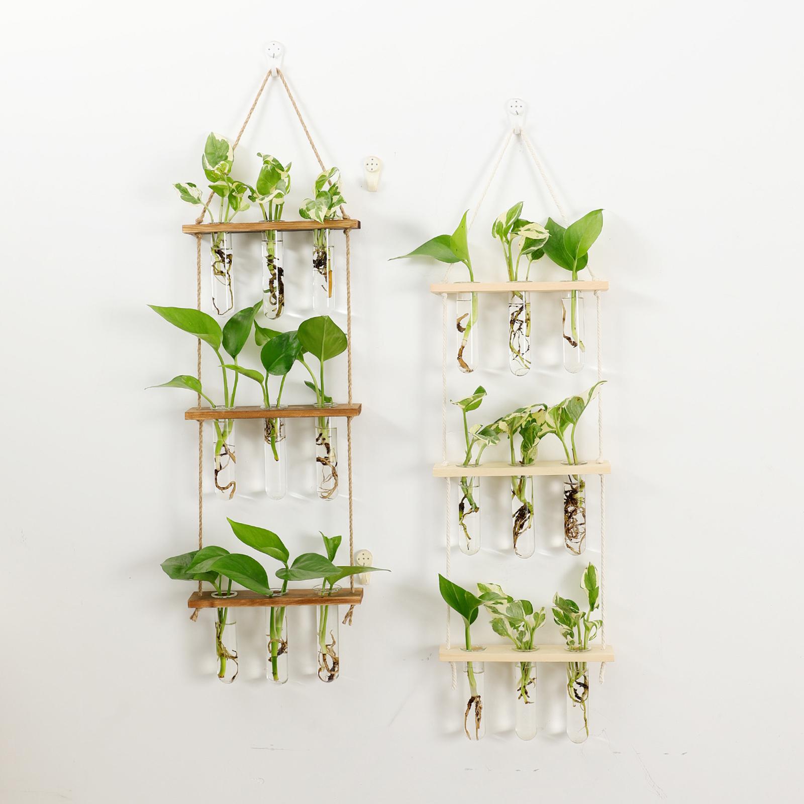 Wall Hanging Planter Flower Bud Vase Glass Terrarium Wooden Stand Test Tube Vase for Propagating Hydroponic Plants Home Garden Wedding Decoration