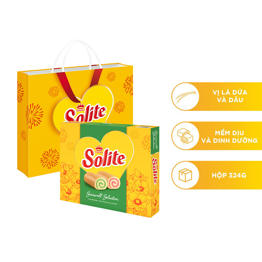 Hộp Tết Solite - Bánh bông lan cuộn kem vị lá dứa và vị dâu, hộp giấy 324g