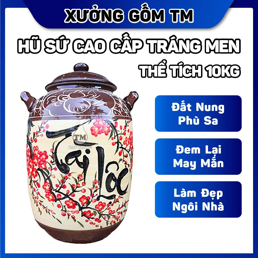 Hủ sứ đựng gạo, ngâm rươu gốm sứ Bát Tràng vẽ hòa đào có quai