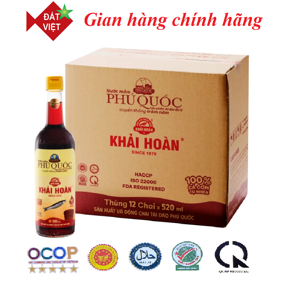 Nước mắm Khải Hoàn Phú Quốc 40-43 độ đạm 520ml thùng 12 chai thủy tinh
