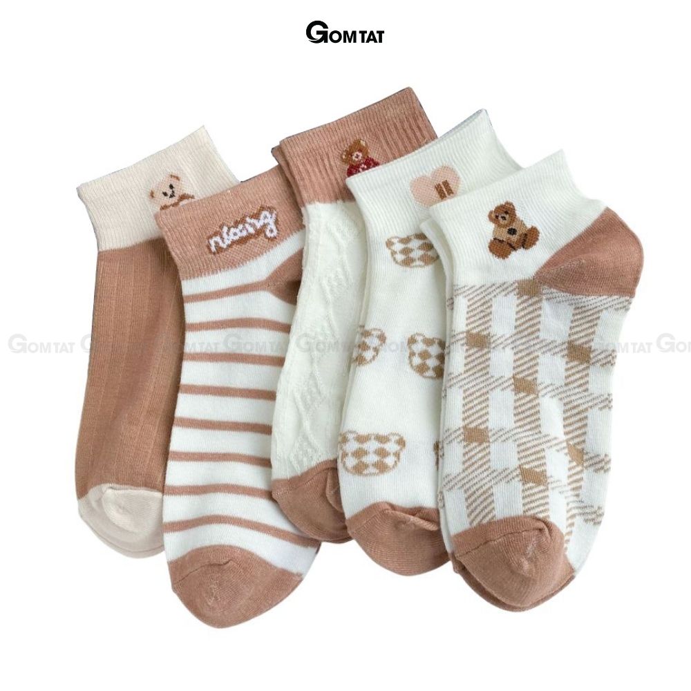 Set 5 đôi tất nữ cổ ngắn GOMTAT họa tiết hình gấu dễ thương, vớ nữ cổ thấp chất liệu cotton mềm mịn thoáng mát êm chân - CB094