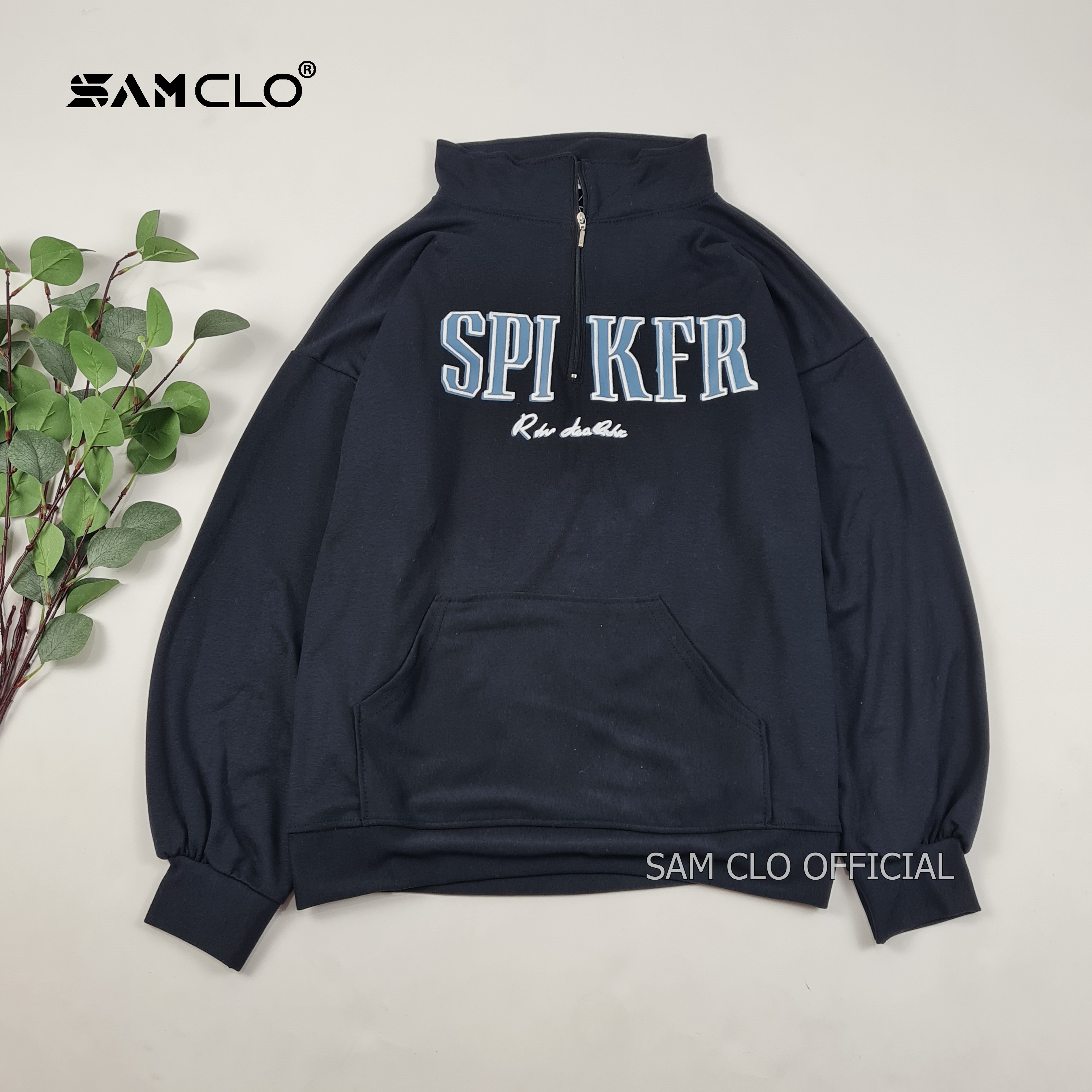 Áo sweater polo SAM CLO nam nữ tay dài thu đông kéo khóa cổ thời trang unisex in chữ XANH SPIKSP