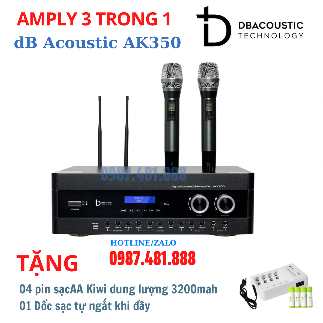 Amply 3 trong 1 dBAcoustic AK350 - Đẩy công suất liền vang cơ liền micro không dây cao cấp - nghe nhạc, karaoke cực hay, chống hú - Tặng bộ pin và sạc - Hàng Chính Hãng