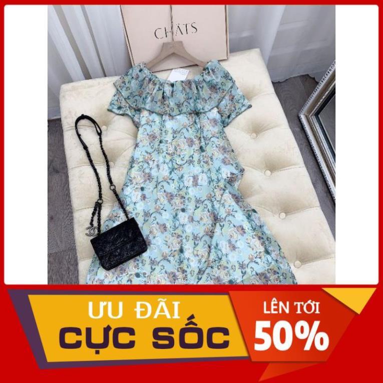 VÁY HOA XANH VOAN TRỄ VAI BÈO TẦNG 2 LỚP