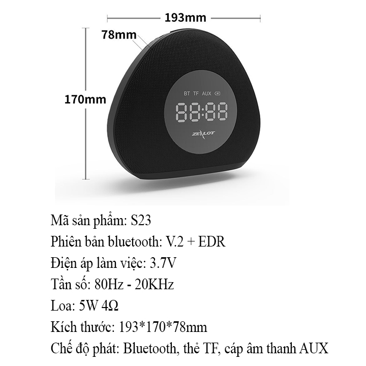 Loa bluetooth Zealot hàng chính hãng kiêm đồng hồ báo thức, đèn ngủ để bàn S23 âm thanh sống động tương thích điện thoại, laptop, máy tính...