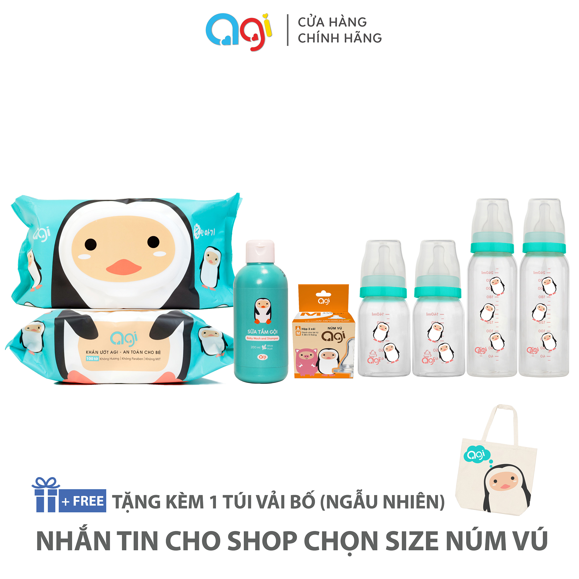 Combo 9 món đa dạng Agi ( Bình sữa, sữa tắm, khăn ướt giao ngẫu nhiên, Núm vú nhắn tin cho shop để chọn size )