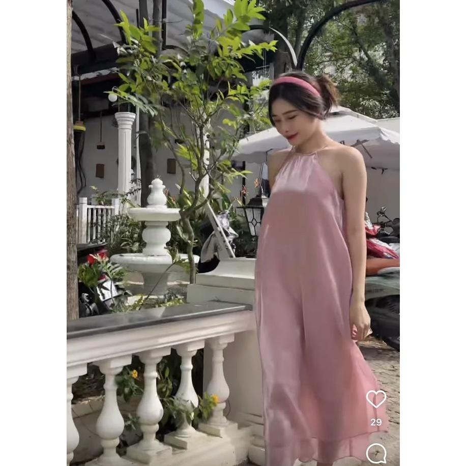 Đầm midi hồng suông cổ yếm váy bầu babydoll dáng dài xòe