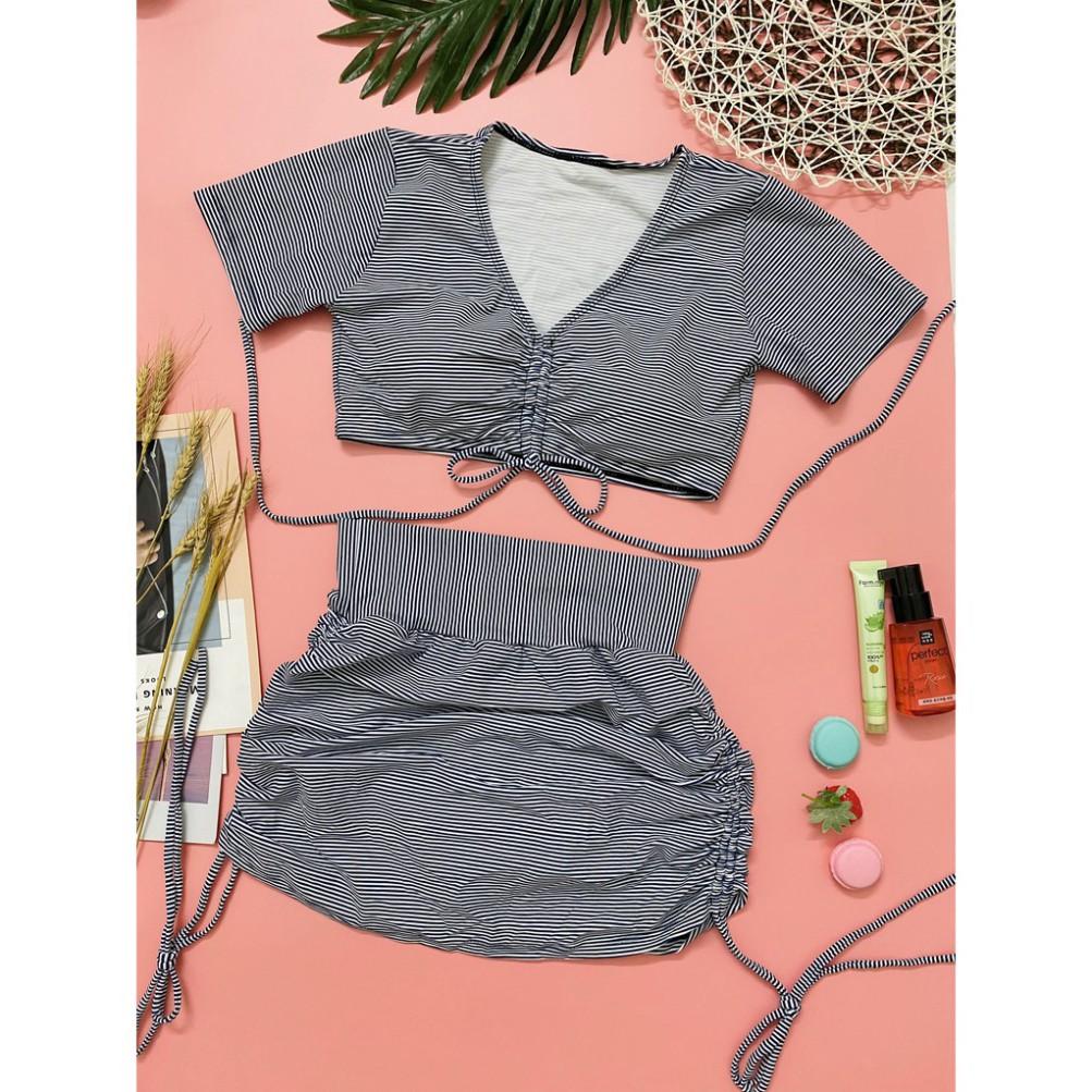 freeship Bikini đồ bơi hai mảnh cộc tay kín đáo sọc đen trắng quần đùi mặc đi biển đi bơi đẹp