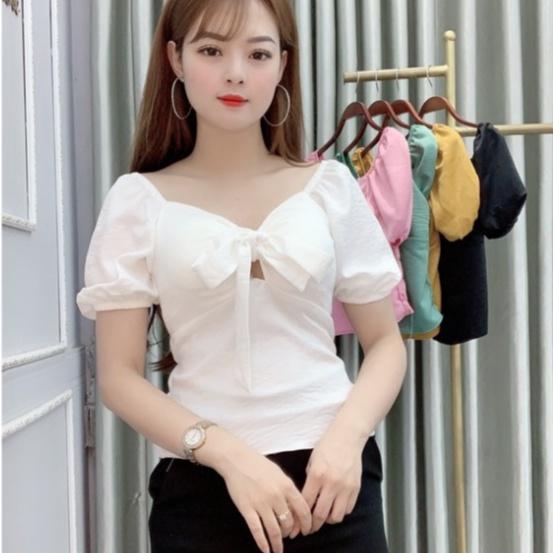 Áo bánh bèo cổ tim có nơ. hất liệu đũi, mềm, min, mát, không nhăn, size 40-60kg, mặc đi làm, đi chơi đều xinh