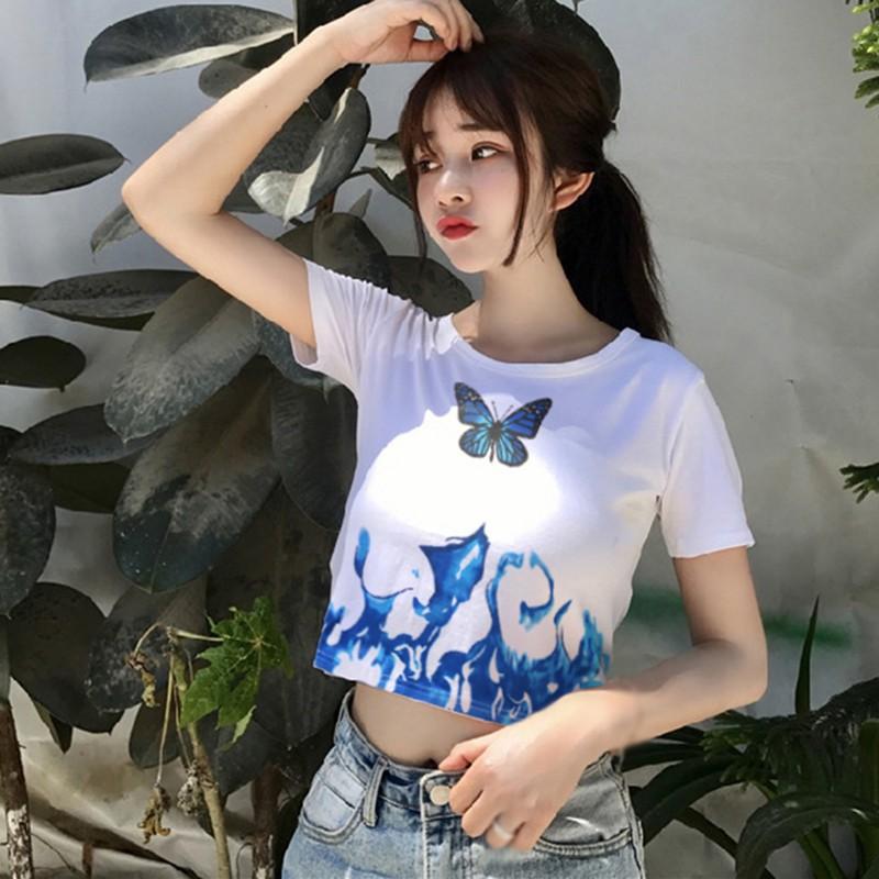 Áo Thun Tay Ngắn In Hình Bướm Phong Cách Retro Cho Nữ
