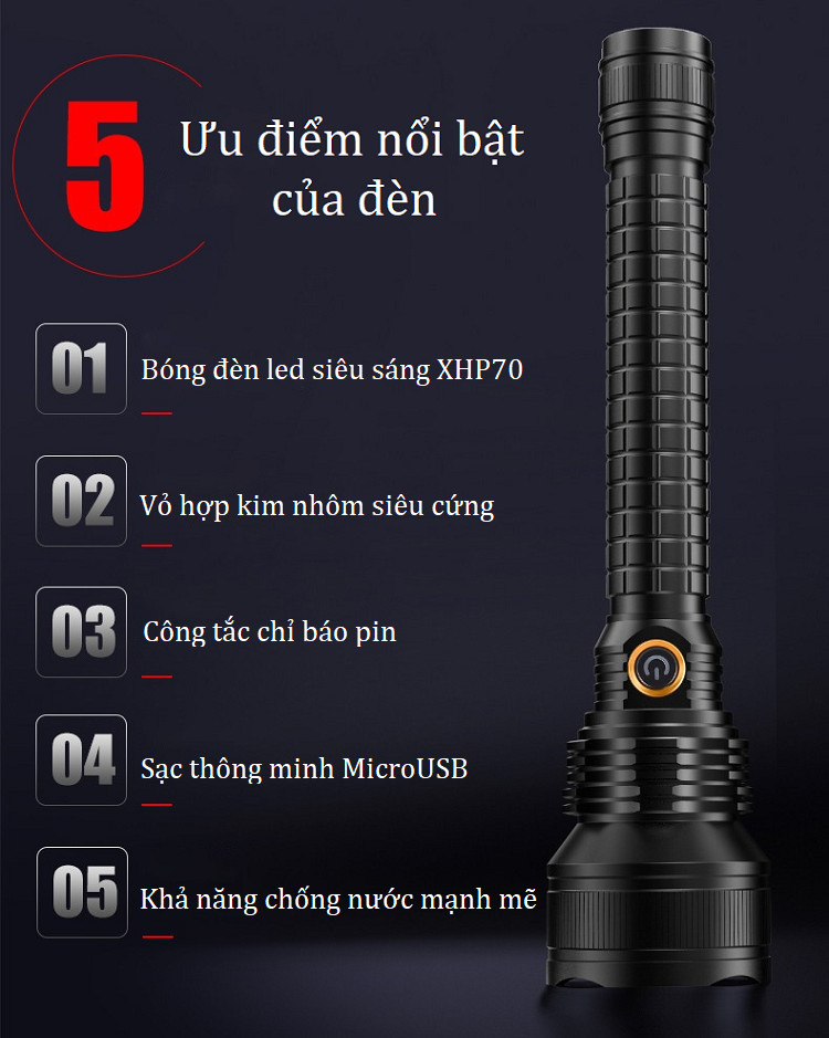 Đèn pin sạc điện cầm tay siêu sáng, thiết kế vỏ kim loại chắc chắn, chống nước P18