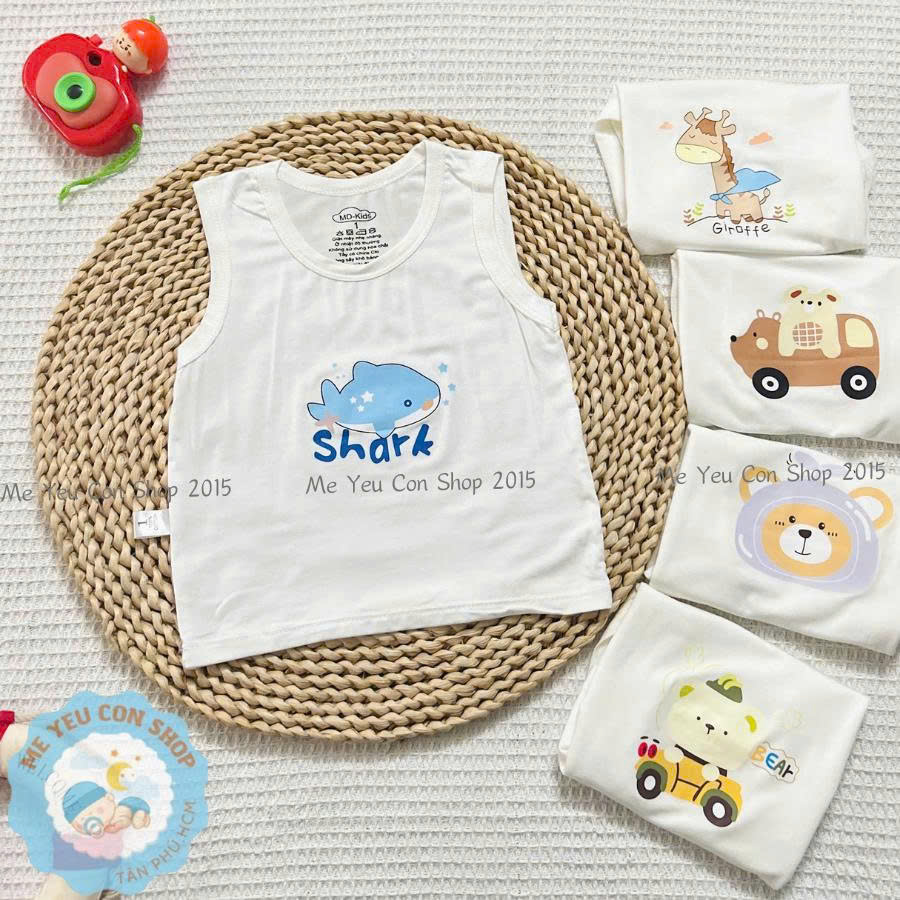 [4-14kg] Áo Ba Lỗ Sát Nách Trắng Kem Chất THUN LẠNH PETIT In Hình Dễ Thương Cho Bé