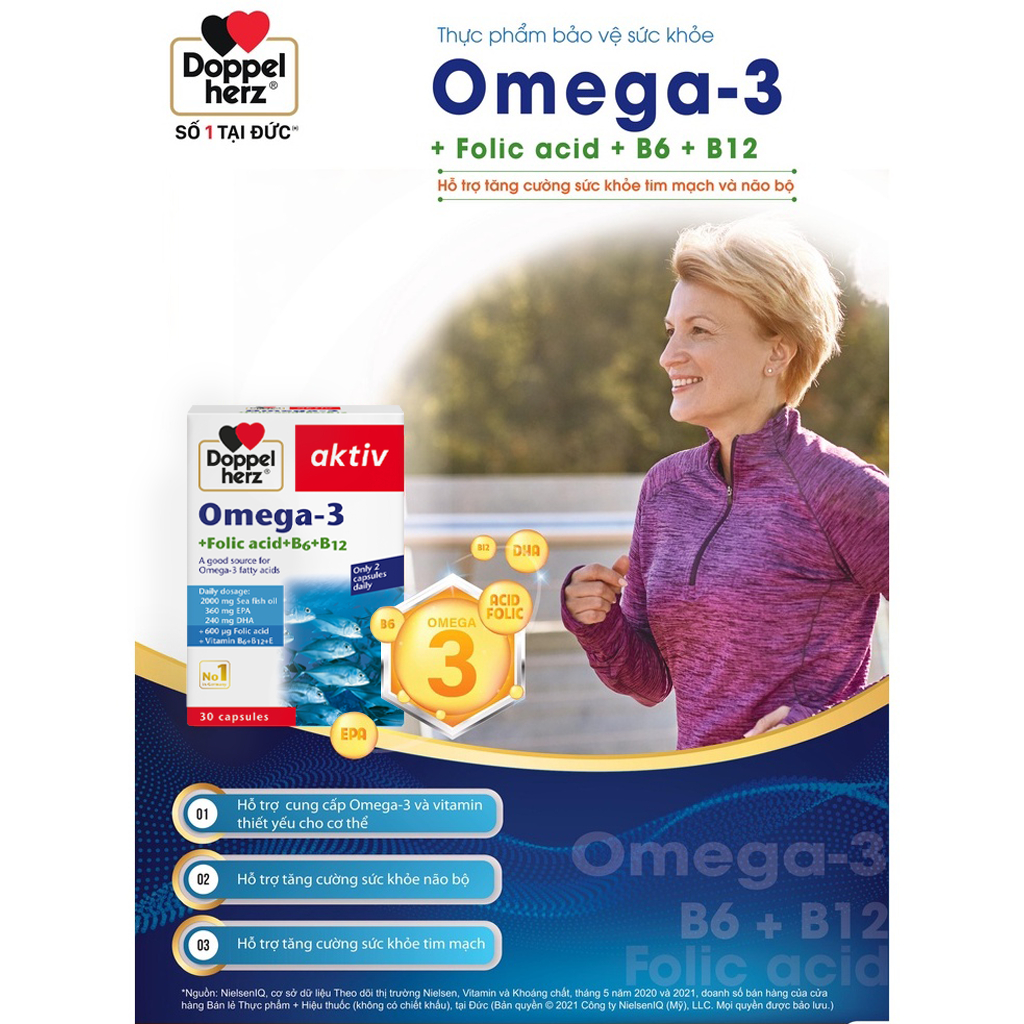 Viên uống tăng cường thị lực, tim mạch và não bộ Doppelherz Aktiv Omega-3 + Folic acid + B6 + B12