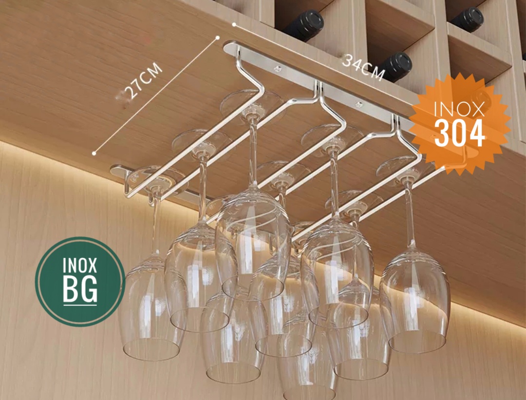 Giá gài ly, kệ treo ly 3/4/5/6/7 hàng sâu 22/27cm bằng inox 304