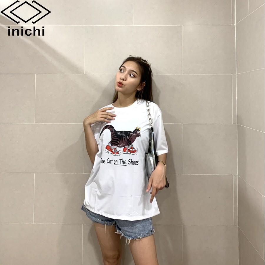 Áo thun unisex tay lỡ form rộng phong cách trẻ áo INICHI in hình chú mèo ngố mang giày - A651 màu trắng