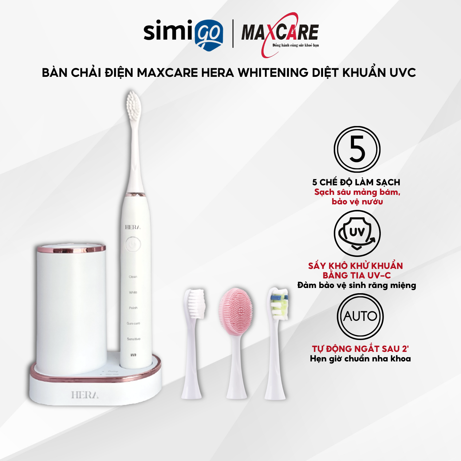 Bàn chải điện MAXCARE Hera Whitening diệt khuẩn sấy khô UVC tự động tặng kèm bộ bàn chải và túi du lịch