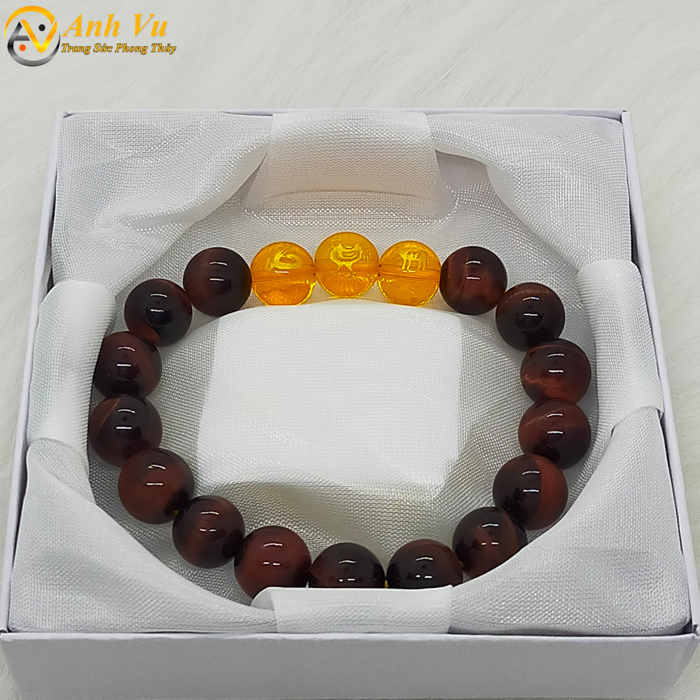 Vòng tay đá mắt hổ đỏ nâu tự nhiên - Vòng tam hợp quý nhân tỵ dậu sửu - May mắn tài lộc