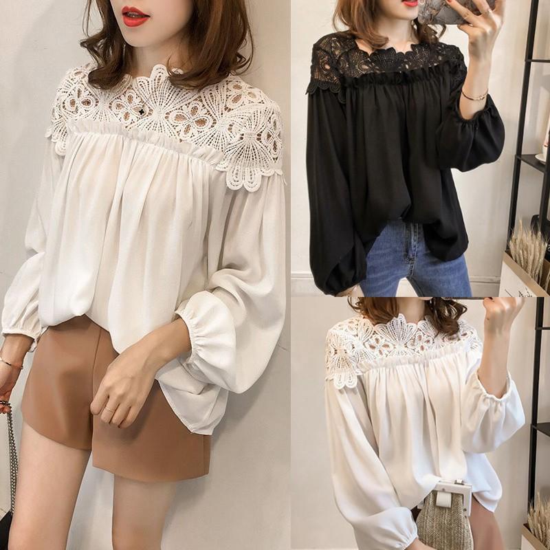 Áo Chiffon Tay Dài Phối Ren Cho Nữ 3Xl 4Xl - Black- XXXL