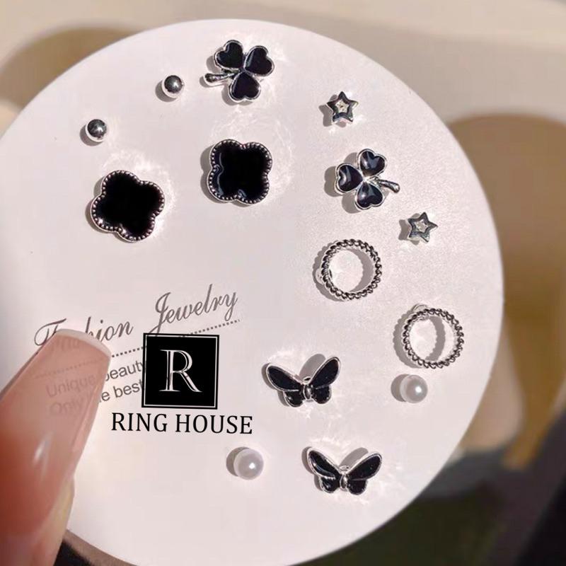 Set khuyên tai bông tai nữ cỏ bốn lá đen đẹp Ring House