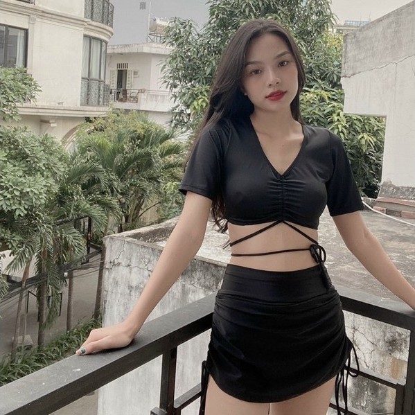 BIKINI HAI MẢNH, ĐỒ BƠI NỮ CROPTOP TAY NGẮN VÁY RÚT  DÂY