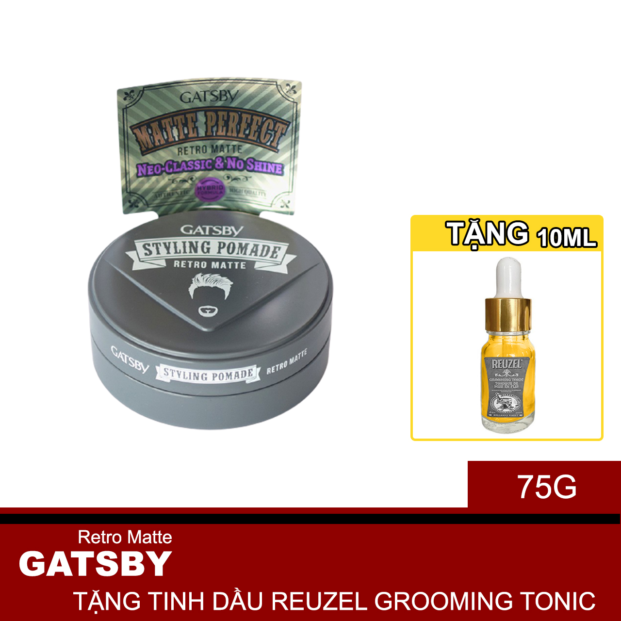 Sáp Retro Matte Pomade Tạo Kiểu Neo-Classic Góc Nước Bóng Mượt + Tặng Reuzel Grooming Tonic - Chính hãng - GATSBY STYLING POMADE 75G