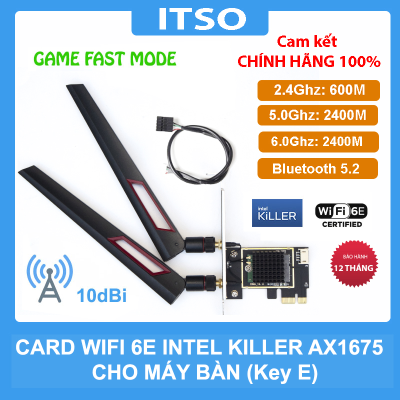 Card WIFI Bluetooth Intel Killer AX1675 (AX210) - Công nghệ WIFI 6E tốc độ 5374 Mbps tích hợp Bluetooth 5.3 kèm bộ đầu chuyển PCI - Hàng nhập khẩu