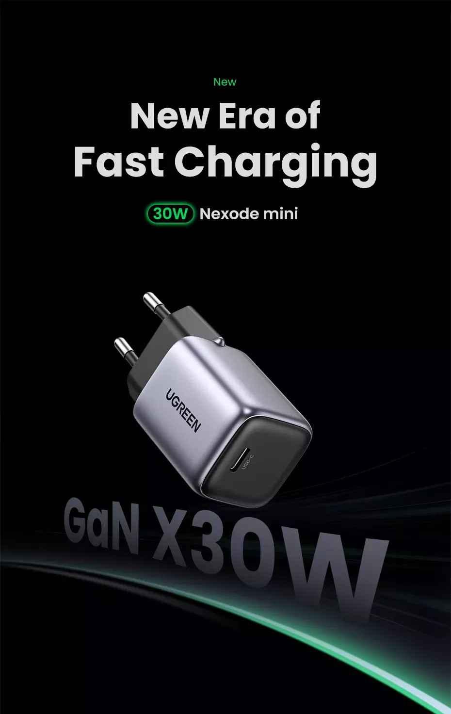 Ugreen UG90666CD319TK 30W Space Gray Bộ sạc nhanh Nexode GaN cổng USB-C chuẩn cắm EU - HÀNG CHÍNH HÃNG