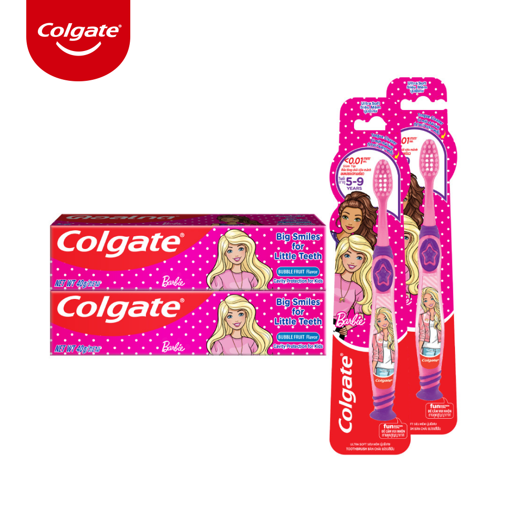 Bộ 2 kem đánh răng 40g và bàn chải Colgate cho trẻ em Barbie 