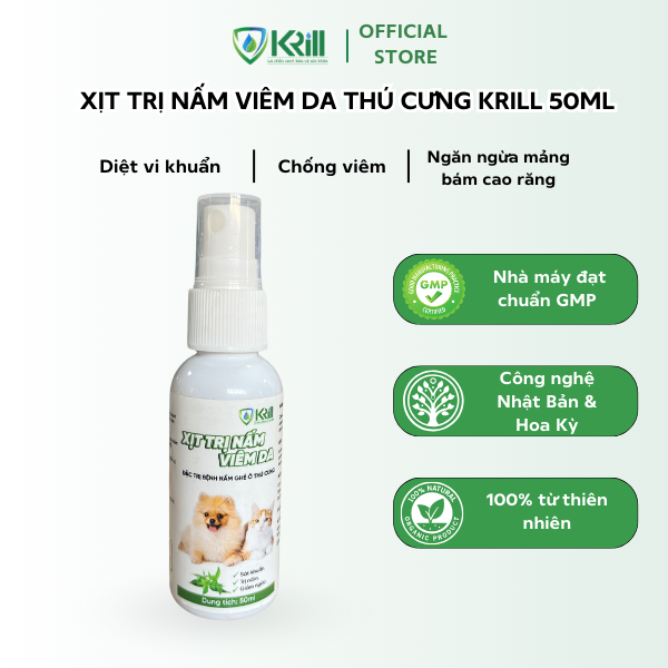 Xịt trị nấm viêm da thú cưng KRILL 50ml sát khuẩn, giảm viêm, nấm ngứa, ngăn ngừa bội nhiễm, hỗ trợ làm giảm các bệnh ngoài da
