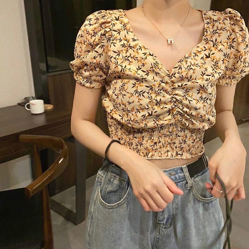 Áo hoa rúm ngực dáng croptop