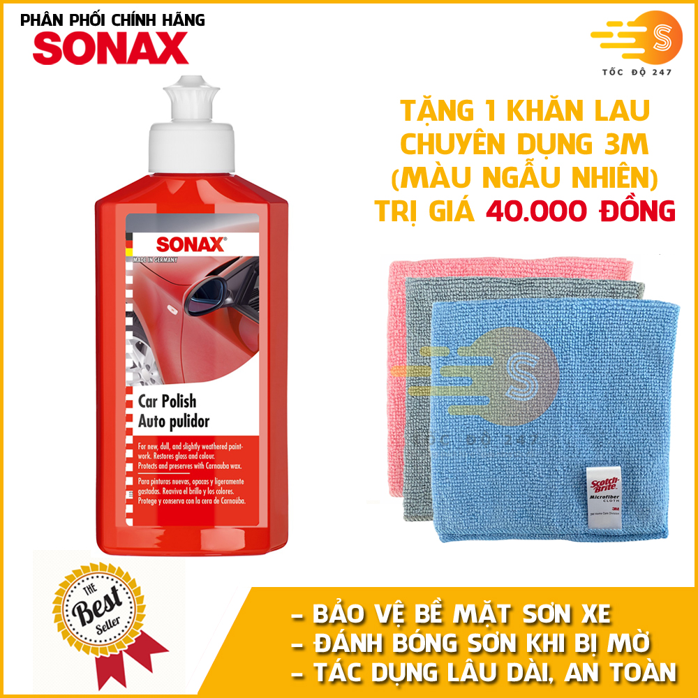 Kem đánh bóng và làm sạch sơn xe và kim loại Sonax 300100 250ml - tặng 1 khăn 3M màu ngẫu nhiên - bảo vệ sơn, tác dụng lâu dài, không làm hại sơn