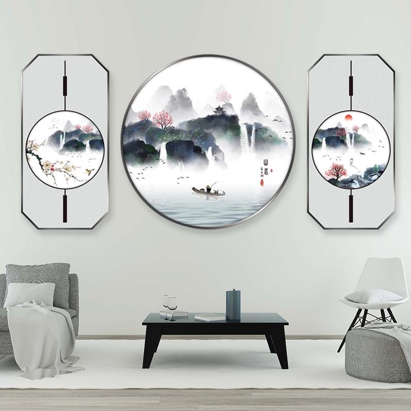 Decal Trang Trí Phòng Khách 3D Tranh Thủy Mặc Sông Núi và Ông Lão Chèo Đò - AmyShop
