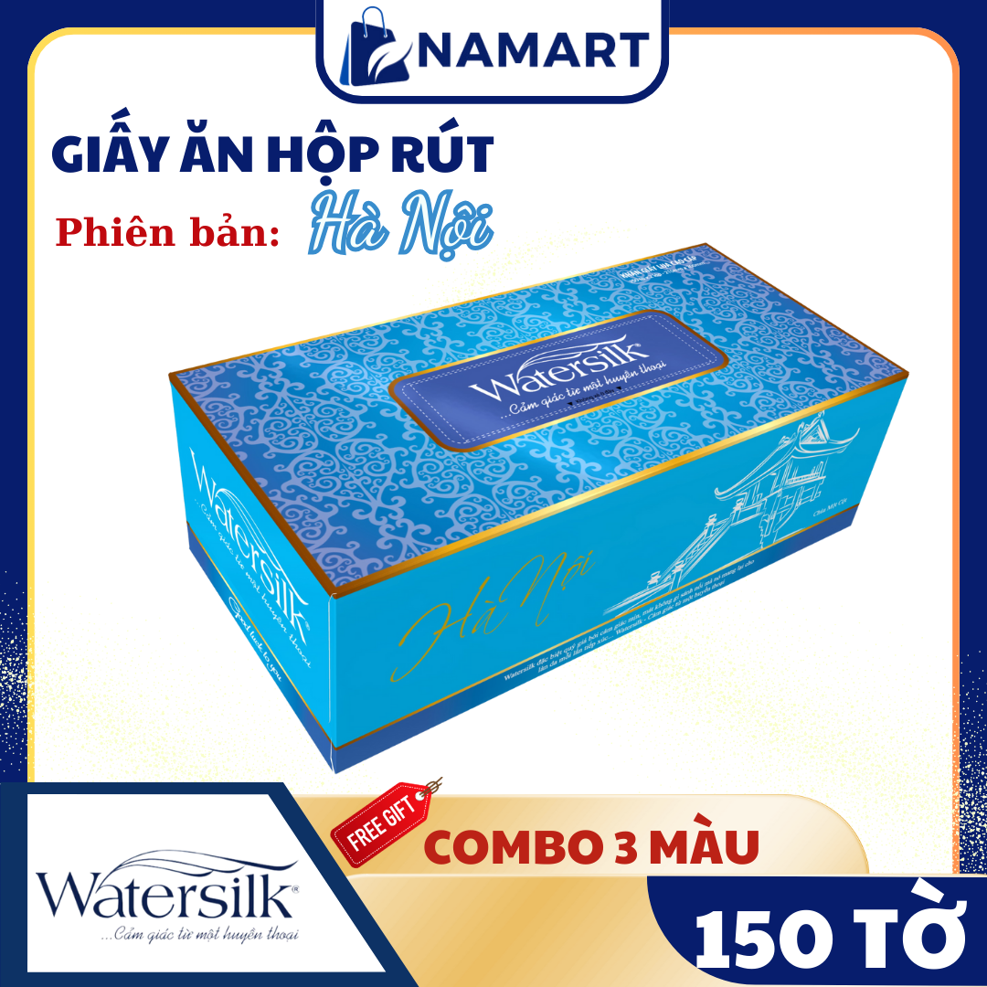 Combo 3 Hộp Khăn lau mặt Watersilk 3 miền 150 tờ/ Hộp x 2 lớp - 100% Bột giấy nguyên sinh - Hàng chính hãng.